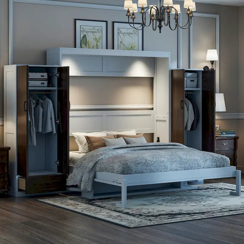 Cama Murphy/Abatible con Armario, Cajones, Luz LED y Escritorio