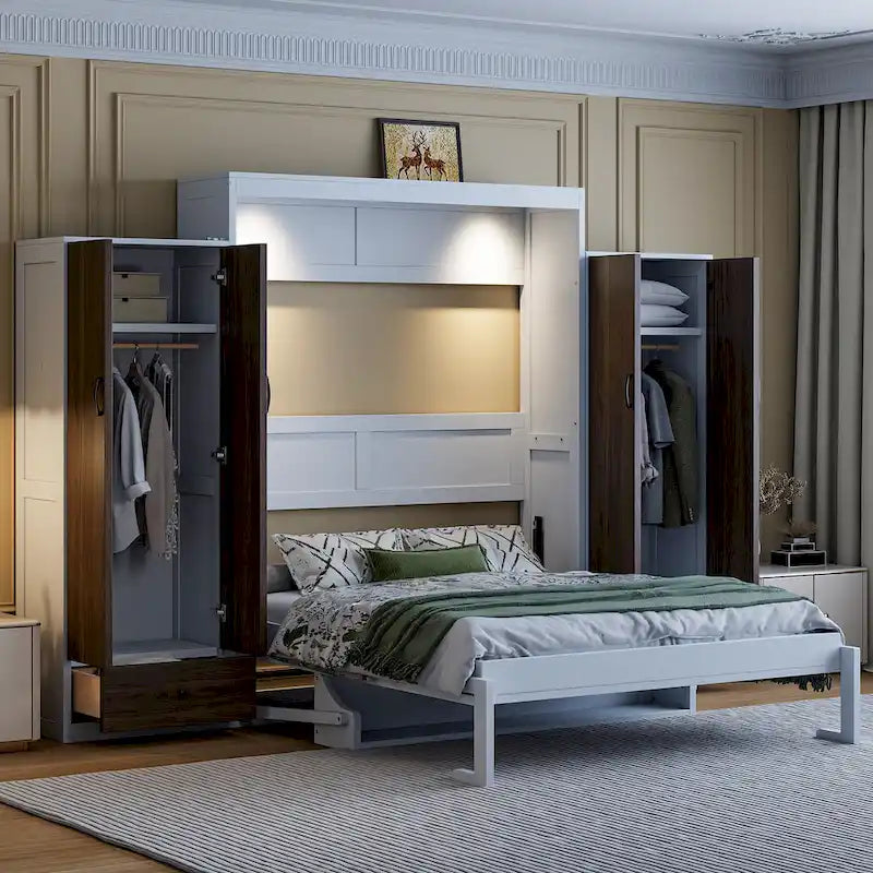 Cama Murphy/Abatible con Armario, Cajones, Luz LED y Escritorio