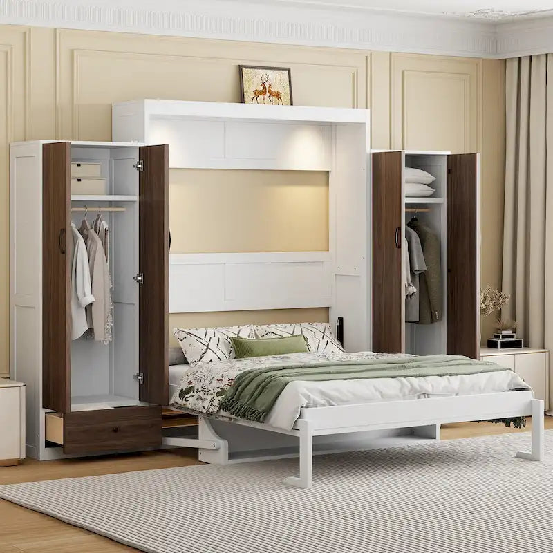 Cama Murphy/Abatible con Armario, Cajones, Luz LED y Escritorio