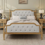 Armazón de Cama de Madera Maciza de Estilo Tradicional con Cabecero Tapizado Capitaneado, No Requiere Somier, Tamaño Completo, Nogal Antiguo