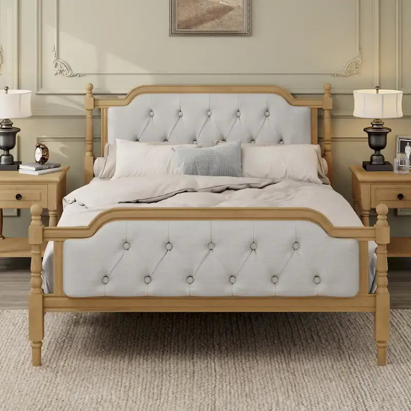 Armazón de Cama de Madera Maciza de Estilo Tradicional con Cabecero Tapizado Capitaneado, No Requiere Somier, Tamaño Completo, Nogal Antiguo