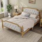 Armazón de Cama de Madera Maciza de Estilo Tradicional con Cabecero Tapizado Capitaneado, No Requiere Somier, Tamaño Completo, Nogal Antiguo