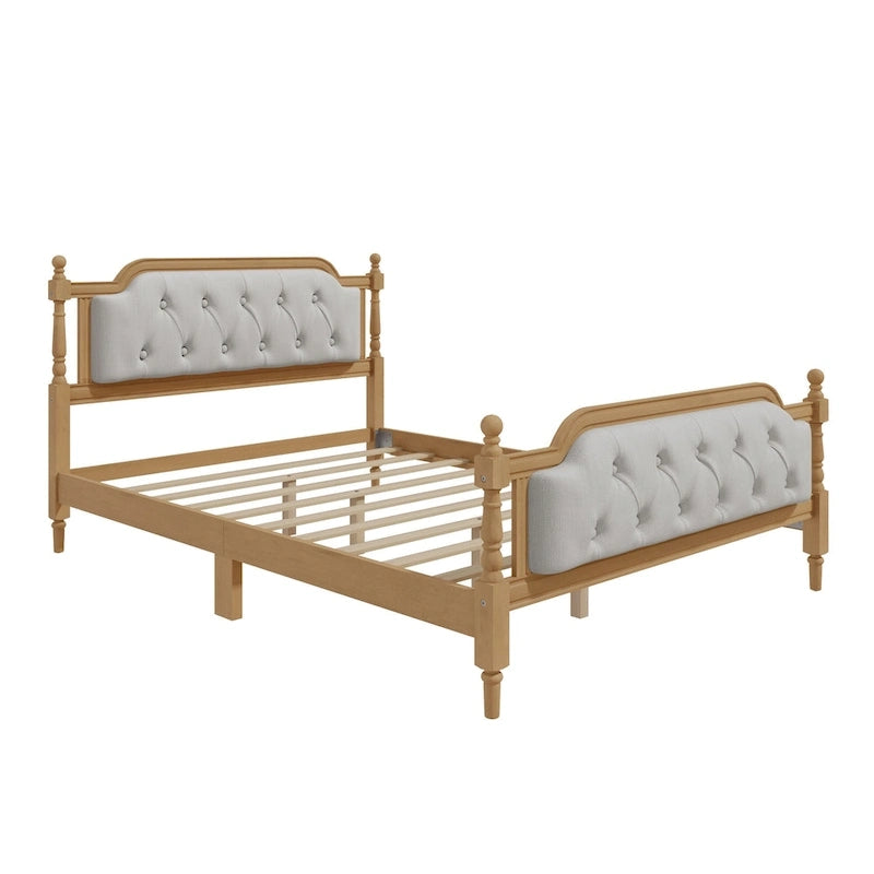 Armazón de Cama de Madera Maciza de Estilo Tradicional con Cabecero Tapizado Capitaneado, No Requiere Somier, Tamaño Completo, Nogal Antiguo