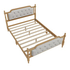 Armazón de Cama de Madera Maciza de Estilo Tradicional con Cabecero Tapizado Capitaneado, No Requiere Somier, Tamaño Completo, Nogal Antiguo