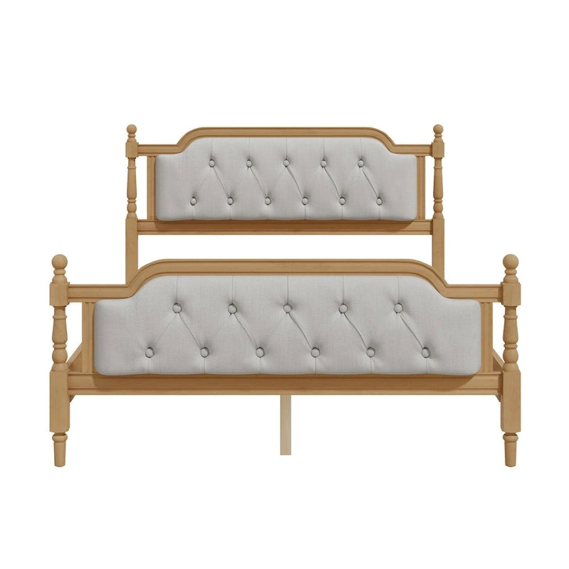 Armazón de Cama de Madera Maciza de Estilo Tradicional con Cabecero Tapizado Capitaneado, No Requiere Somier, Tamaño Completo, Nogal Antiguo