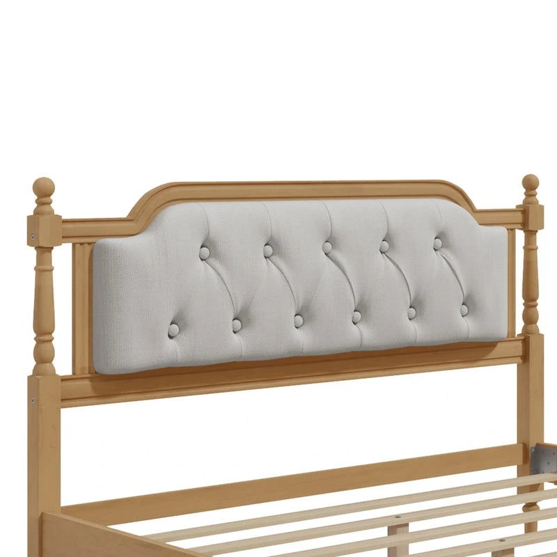 Armazón de Cama de Madera Maciza de Estilo Tradicional con Cabecero Tapizado Capitaneado, No Requiere Somier, Tamaño Completo, Nogal Antiguo