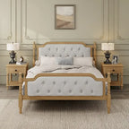 Armazón de Cama de Madera Maciza de Estilo Tradicional con Cabecero Tapizado Capitaneado, No Requiere Somier, Tamaño Completo, Nogal Antiguo