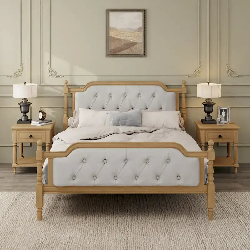 Armazón de Cama de Madera Maciza de Estilo Tradicional con Cabecero Tapizado Capitaneado, No Requiere Somier, Tamaño Completo, Nogal Antiguo