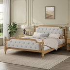 Armazón de Cama de Madera Maciza de Estilo Tradicional con Cabecero Tapizado Capitaneado, No Requiere Somier, Tamaño Completo, Nogal Antiguo