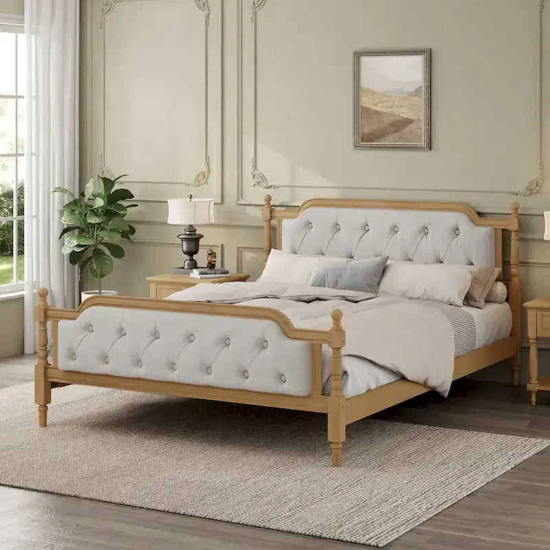 Armazón de Cama de Madera Maciza de Estilo Tradicional con Cabecero Tapizado Capitaneado, No Requiere Somier, Tamaño Completo, Nogal Antiguo