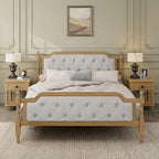 Armazón de Cama de Madera Maciza de Estilo Tradicional con Cabecero Tapizado Capitaneado, No Requiere Somier, Tamaño Completo, Nogal Antiguo