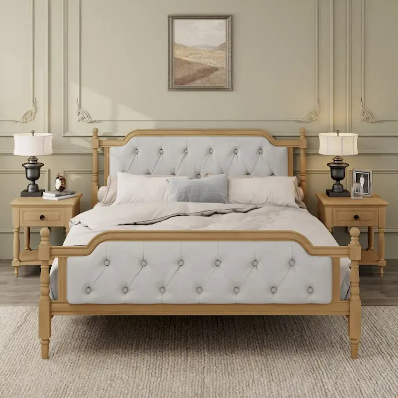 Armazón de Cama de Madera Maciza de Estilo Tradicional con Cabecero Tapizado Capitaneado, No Requiere Somier, Tamaño Completo, Nogal Antiguo