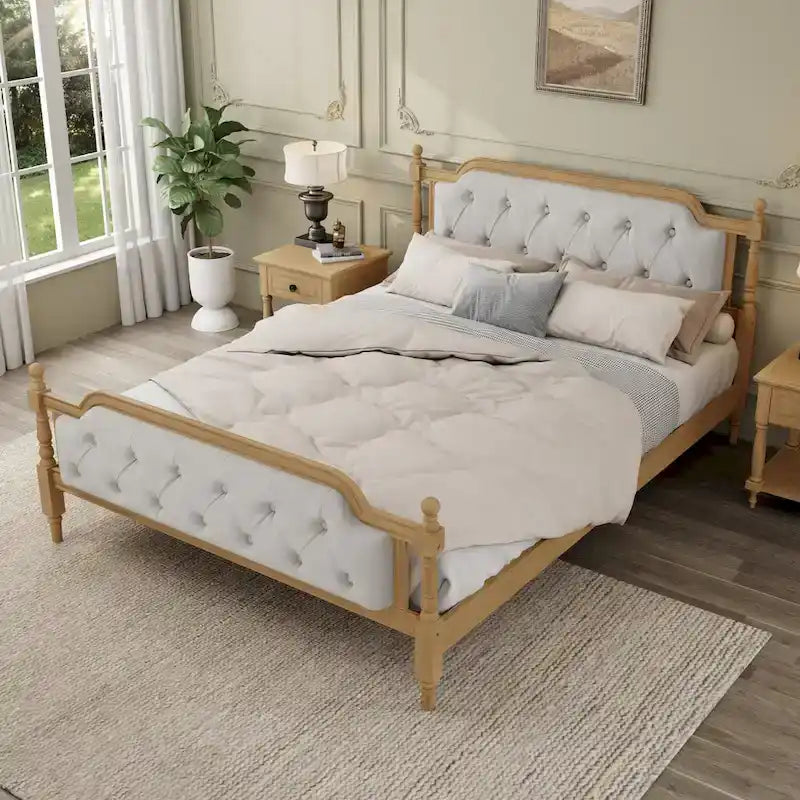 Armazón de Cama de Madera Maciza de Estilo Tradicional con Cabecero Tapizado Capitaneado, No Requiere Somier, Tamaño Completo, Nogal Antiguo