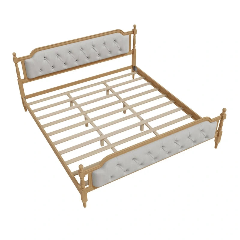 Armazón de Cama de Madera Maciza de Estilo Tradicional con Cabecero Tapizado Capitaneado, No Requiere Somier, Tamaño Completo, Nogal Antiguo