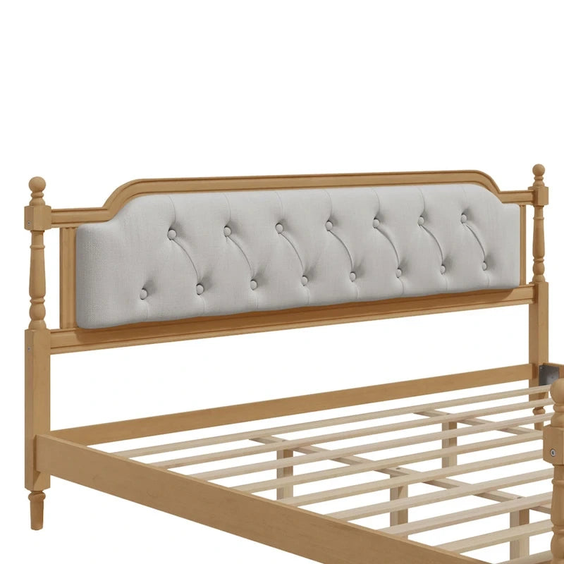 Armazón de Cama de Madera Maciza de Estilo Tradicional con Cabecero Tapizado Capitaneado, No Requiere Somier, Tamaño Completo, Nogal Antiguo