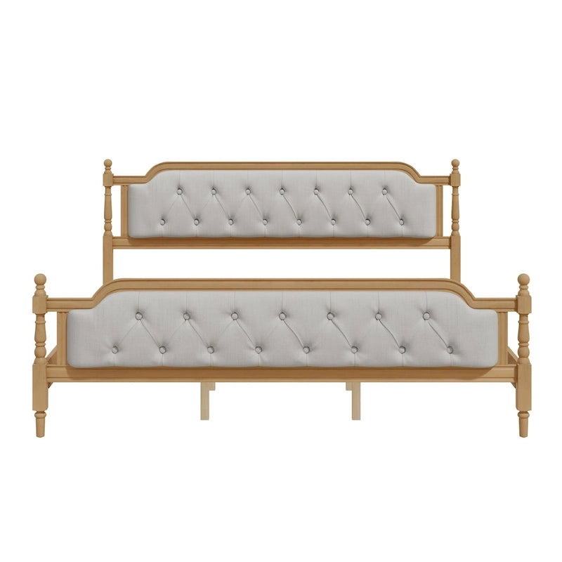 Armazón de Cama de Madera Maciza de Estilo Tradicional con Cabecero Tapizado Capitaneado, No Requiere Somier, Tamaño Completo, Nogal Antiguo