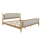 Armazón de Cama de Madera Maciza de Estilo Tradicional con Cabecero Tapizado Capitaneado, No Requiere Somier, Tamaño Completo, Nogal Antiguo
