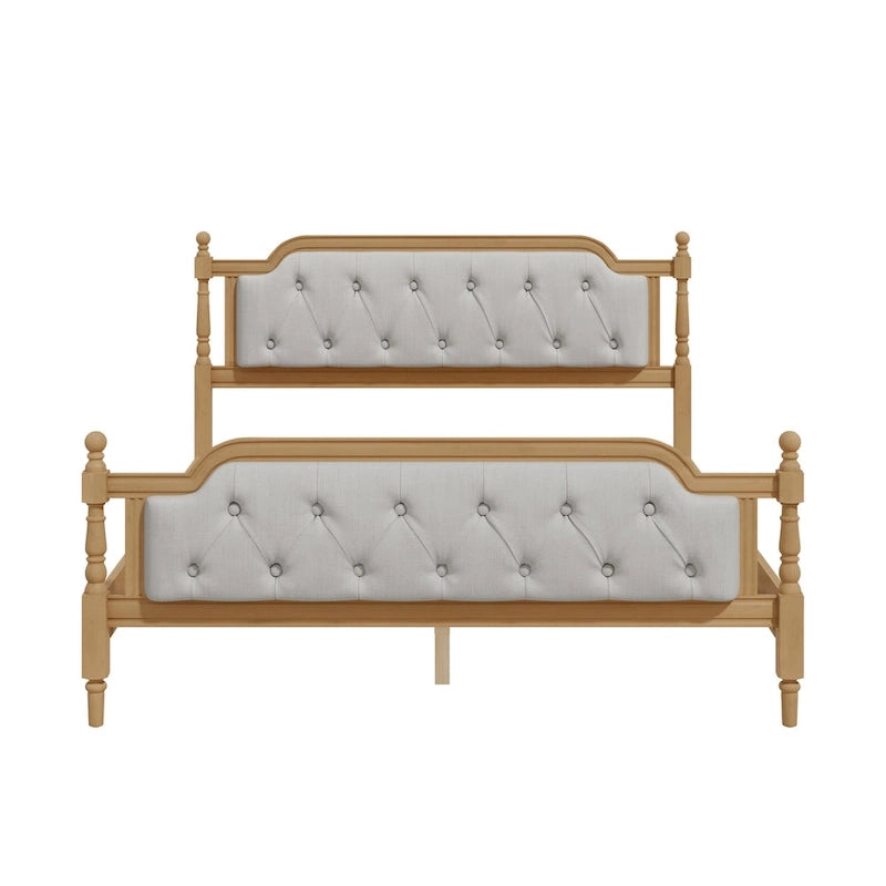 Armazón de Cama de Madera Maciza de Estilo Tradicional con Cabecero Tapizado Capitaneado, No Requiere Somier, Tamaño Completo, Nogal Antiguo