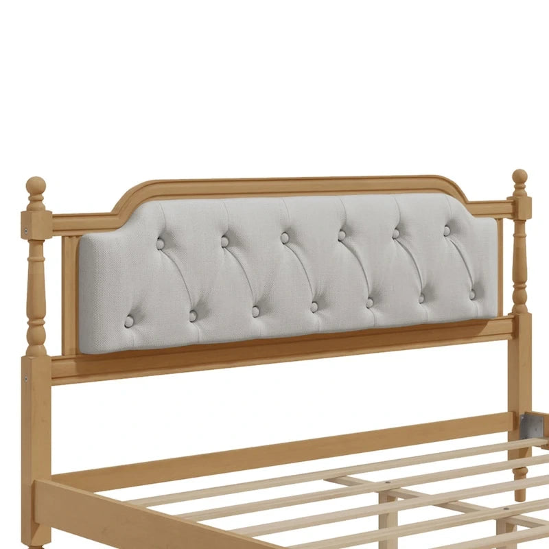 Armazón de Cama de Madera Maciza de Estilo Tradicional con Cabecero Tapizado Capitaneado, No Requiere Somier, Tamaño Completo, Nogal Antiguo