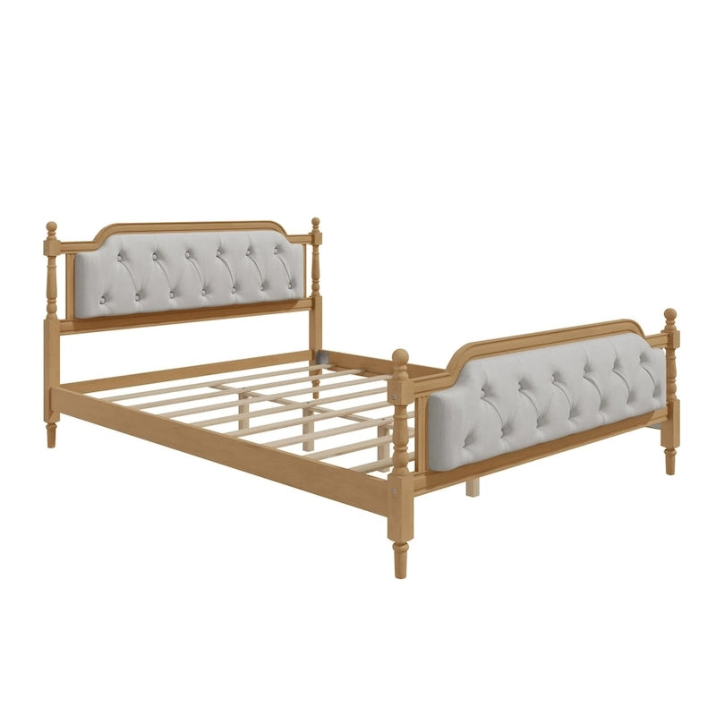 Armazón de Cama de Madera Maciza de Estilo Tradicional con Cabecero Tapizado Capitaneado, No Requiere Somier, Tamaño Completo, Nogal Antiguo