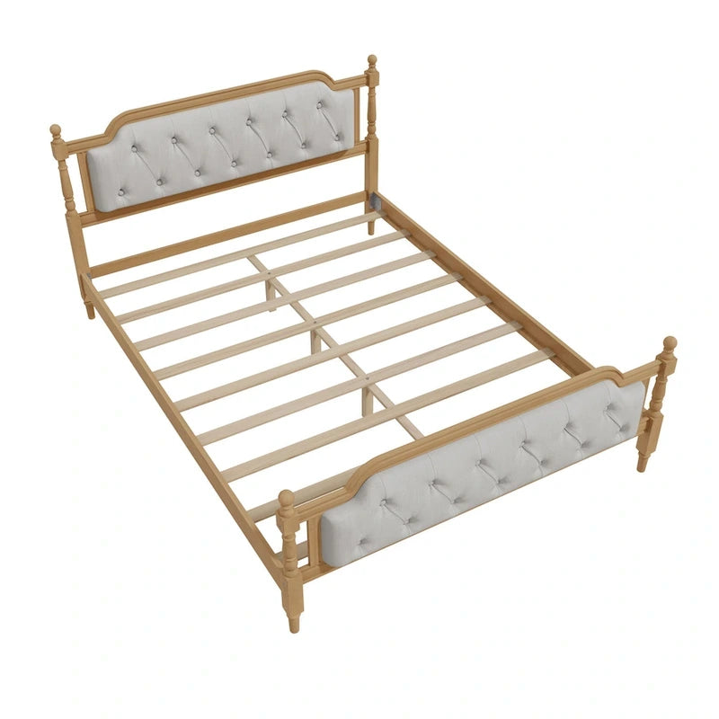 Armazón de Cama de Madera Maciza de Estilo Tradicional con Cabecero Tapizado Capitaneado, No Requiere Somier, Tamaño Completo, Nogal Antiguo