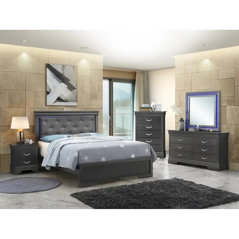 Cama Queen con panel tapizado de joya y luces LED, metálica - 85 - Negra