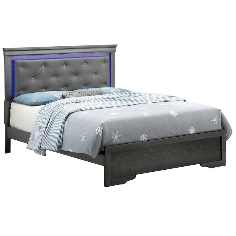 Cama Queen con panel tapizado de joya y luces LED, metálica - 85 - Negra
