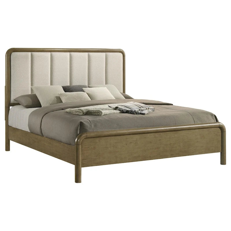 Cama King, tapizado bouclé beige con canales verticales, marrón