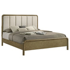 Cama King, tapizado bouclé beige con canales verticales, marrón