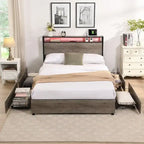 Estructura de Cama de Madera con Almacenamiento, Cabecero con Ala, Estación de Carga y Cajones, No Requiere Somier, Fácil Montaje