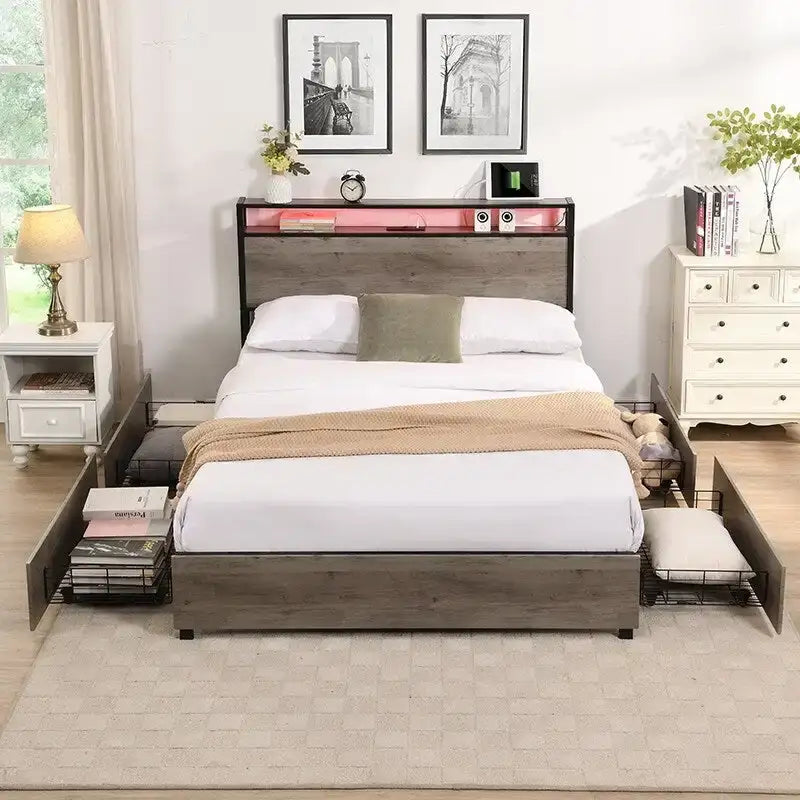 Estructura de Cama de Madera con Almacenamiento, Cabecero con Ala, Estación de Carga y Cajones, No Requiere Somier, Fácil Montaje
