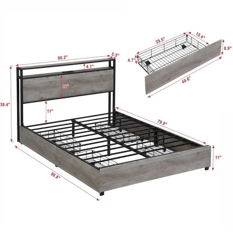 Estructura de Cama de Madera con Almacenamiento, Cabecero con Ala, Estación de Carga y Cajones, No Requiere Somier, Fácil Montaje