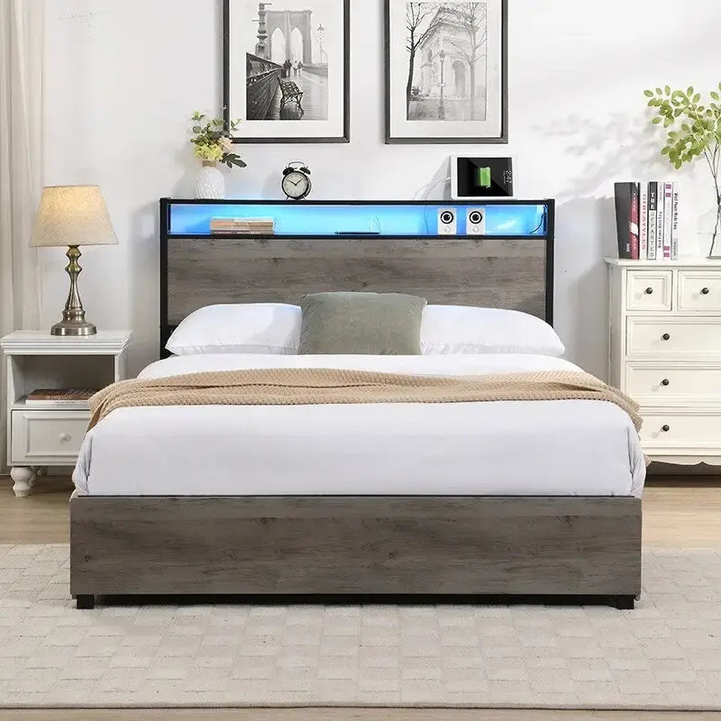 Estructura de Cama de Madera con Almacenamiento, Cabecero con Ala, Estación de Carga y Cajones, No Requiere Somier, Fácil Montaje