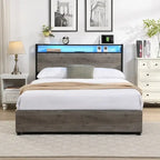 Estructura de Cama de Madera con Almacenamiento, Cabecero con Ala, Estación de Carga y Cajones, No Requiere Somier, Fácil Montaje