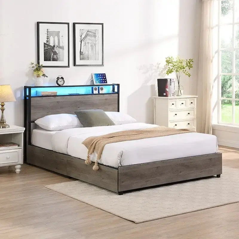 Estructura de Cama de Madera con Almacenamiento, Cabecero con Ala, Estación de Carga y Cajones, No Requiere Somier, Fácil Montaje