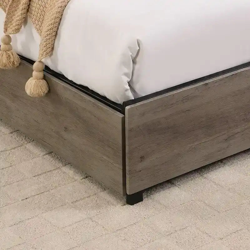 Estructura de Cama de Madera con Almacenamiento, Cabecero con Ala, Estación de Carga y Cajones, No Requiere Somier, Fácil Montaje