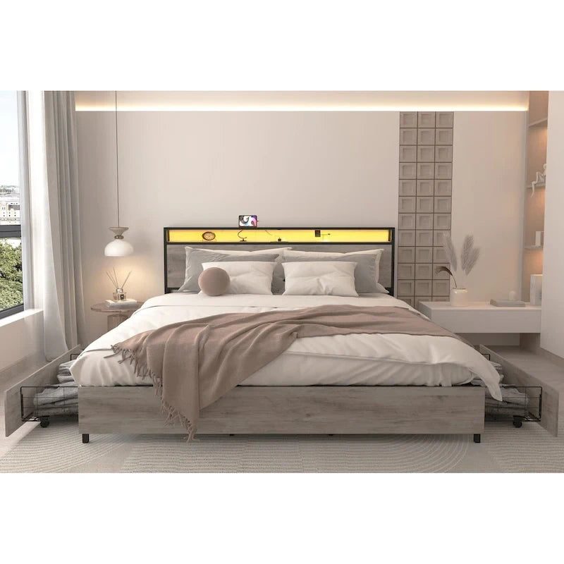 Estructura de Cama de Madera con Almacenamiento, Cabecero con Ala, Estación de Carga y Cajones, No Requiere Somier, Fácil Montaje