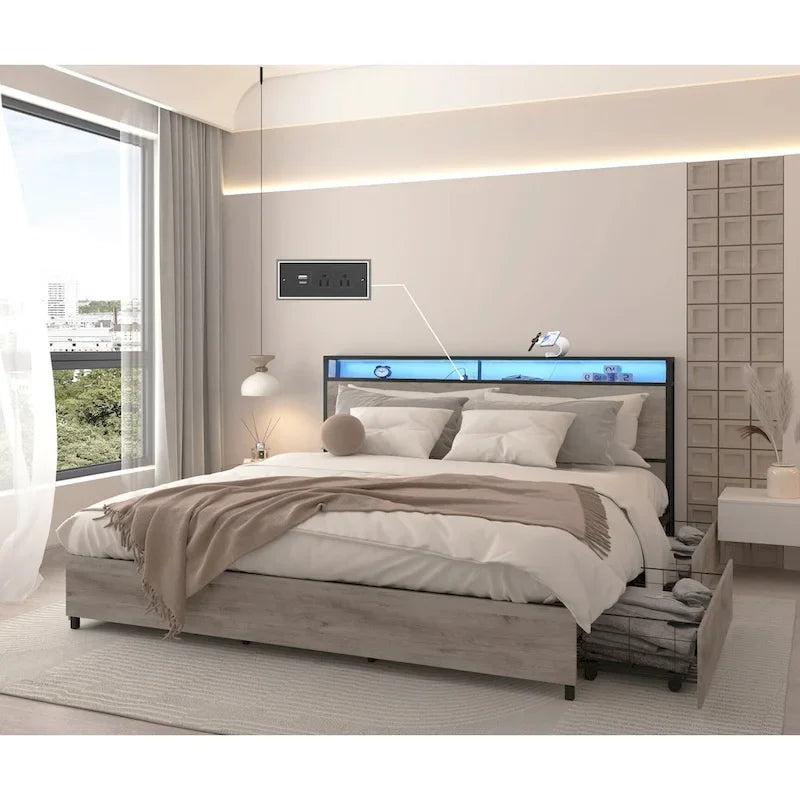 Estructura de Cama de Madera con Almacenamiento, Cabecero con Ala, Estación de Carga y Cajones, No Requiere Somier, Fácil Montaje