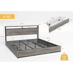 Estructura de Cama de Madera con Almacenamiento, Cabecero con Ala, Estación de Carga y Cajones, No Requiere Somier, Fácil Montaje