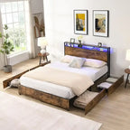 Estructura de Cama de Madera con Almacenamiento, Cabecero con Ala, Estación de Carga y Cajones, No Requiere Somier, Fácil Montaje