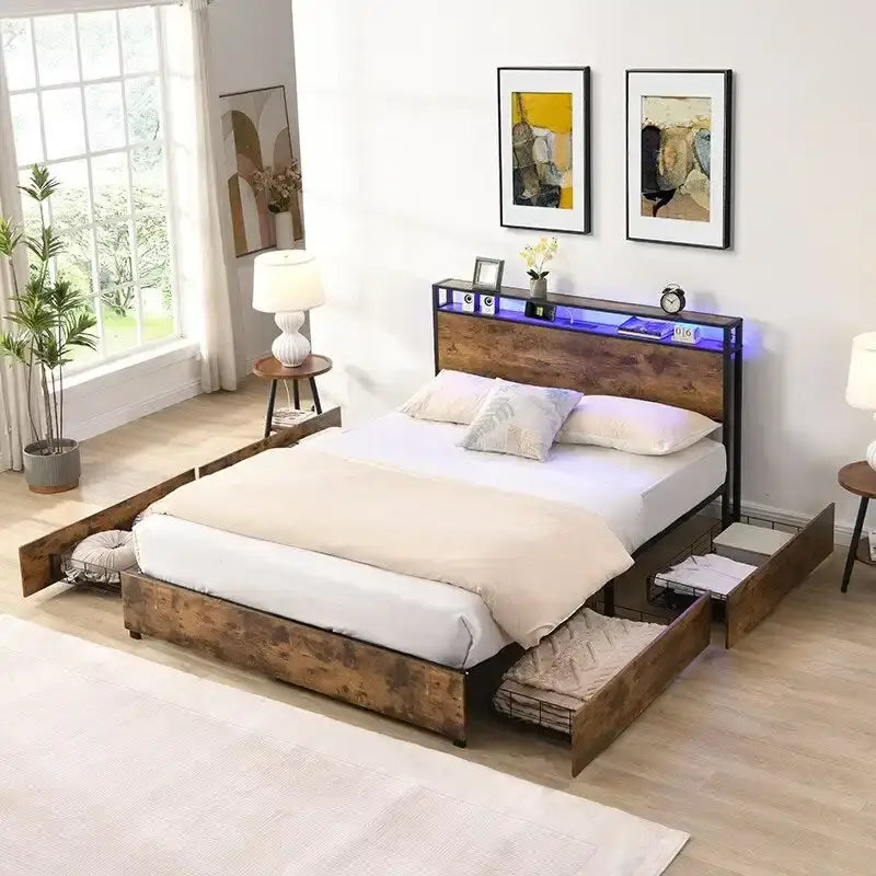 Estructura de Cama de Madera con Almacenamiento, Cabecero con Ala, Estación de Carga y Cajones, No Requiere Somier, Fácil Montaje