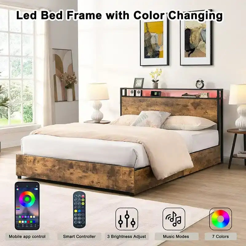 Estructura de Cama de Madera con Almacenamiento, Cabecero con Ala, Estación de Carga y Cajones, No Requiere Somier, Fácil Montaje