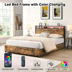 Estructura de Cama de Madera con Almacenamiento, Cabecero con Ala, Estación de Carga y Cajones, No Requiere Somier, Fácil Montaje