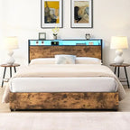 Estructura de Cama de Madera con Almacenamiento, Cabecero con Ala, Estación de Carga y Cajones, No Requiere Somier, Fácil Montaje