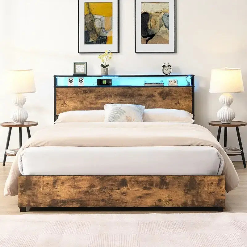 Estructura de Cama de Madera con Almacenamiento, Cabecero con Ala, Estación de Carga y Cajones, No Requiere Somier, Fácil Montaje