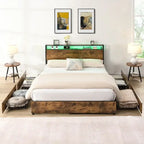 Estructura de Cama de Madera con Almacenamiento, Cabecero con Ala, Estación de Carga y Cajones, No Requiere Somier, Fácil Montaje