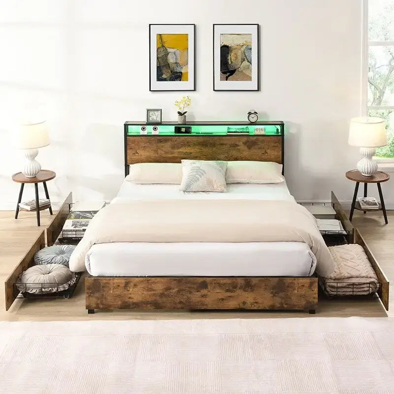 Estructura de Cama de Madera con Almacenamiento, Cabecero con Ala, Estación de Carga y Cajones, No Requiere Somier, Fácil Montaje