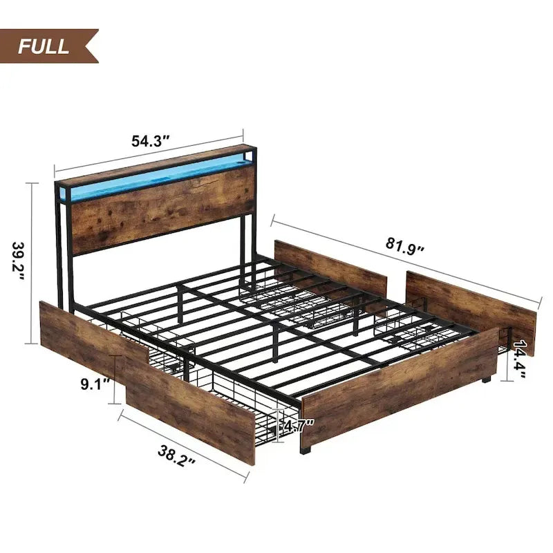 Estructura de Cama de Madera con Almacenamiento, Cabecero con Ala, Estación de Carga y Cajones, No Requiere Somier, Fácil Montaje