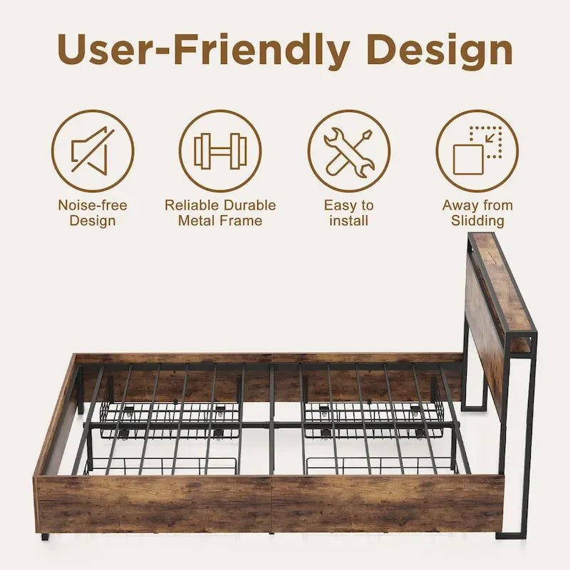 Estructura de Cama de Madera con Almacenamiento, Cabecero con Ala, Estación de Carga y Cajones, No Requiere Somier, Fácil Montaje