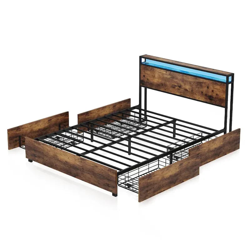 Estructura de Cama de Madera con Almacenamiento, Cabecero con Ala, Estación de Carga y Cajones, No Requiere Somier, Fácil Montaje